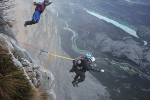 Tandem Base Jump at Monte Brento.  Instructor: Sean Chuma and Passenger: Maurizio Di Palma.