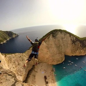 Base Jump over Shipwreck Beach in Zakynthos, Greece.